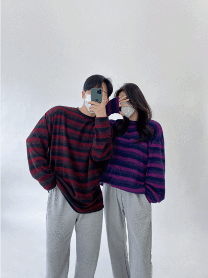 [ 커플 시밀러룩 ] 남녀공용 멀티 단가라 스트라이프 오버핏 니트 티셔츠 4color