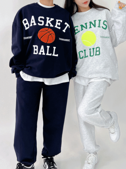[ 남녀공용 ] 부클 농구 테니스 프린팅 쭈리 맨투맨 밴딩 조거팬츠 커플 트레이닝복